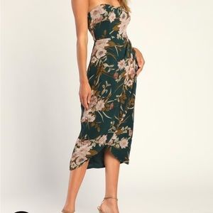 Effortless charm hunter green floral strapless tulip midi dress